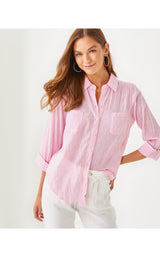 Sea View Button Down Top - Conch Shell Pink Lightweight Oxford Stripe