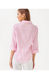 Sea View Button Down Top - Conch Shell Pink Lightweight Oxford Stripe