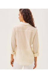 Sea View Button Down Top - Wicker Tan Lightweight Oxford Stripe