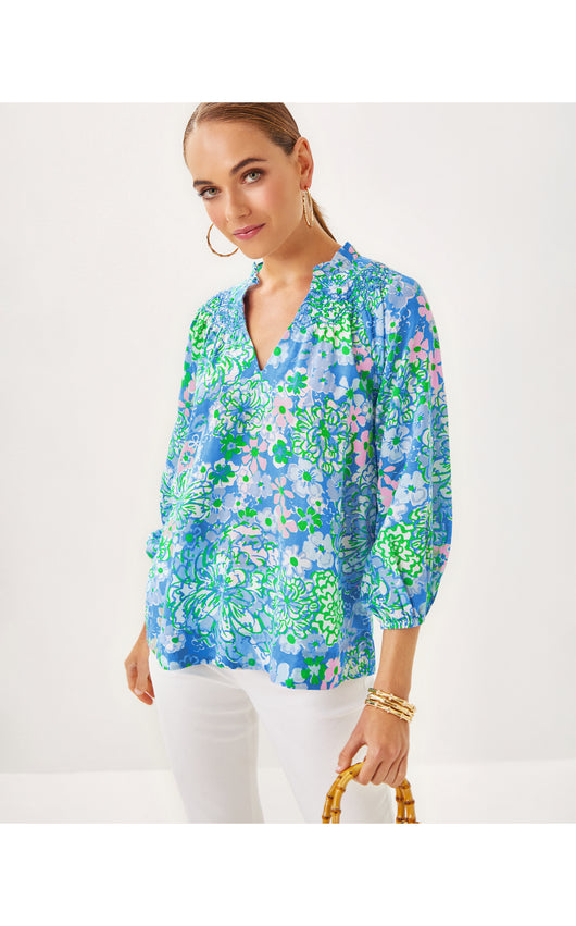 Lourdes 3/4 Sleeve Cotton Top - Plumes In Bloom