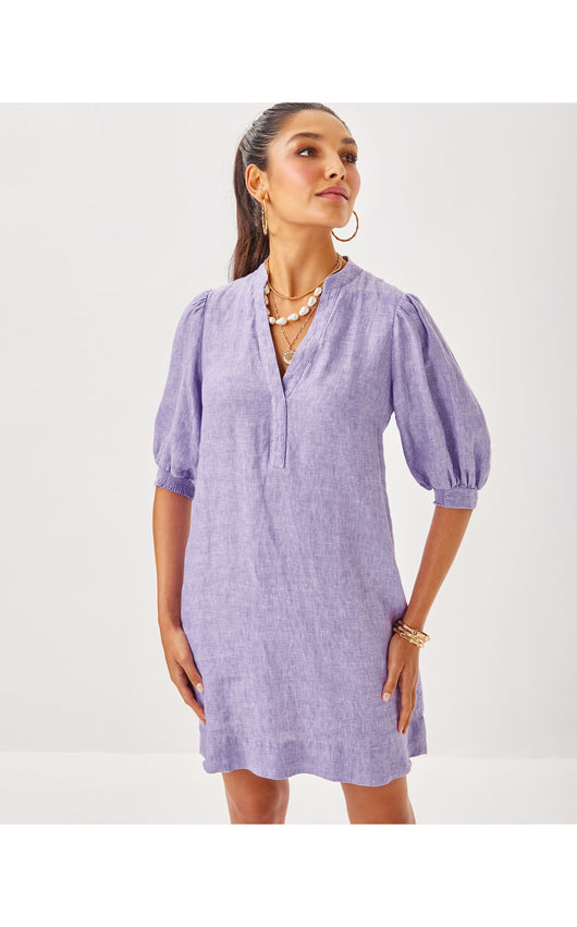 Mialeigh Elbow Sleeve Linen Dress - Tropicalia Purple X Resort White