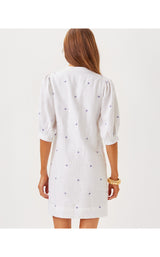 Mialeigh Elbow Sleeve Linen Dress - Water Hyacinth Geo Criss Cross Embroidery
