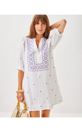 Mialeigh Elbow Sleeve Linen Dress - Water Hyacinth Geo Criss Cross Embroidery