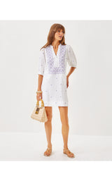 Mialeigh Elbow Sleeve Linen Dress - Water Hyacinth Geo Criss Cross Embroidery
