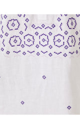 Mialeigh Elbow Sleeve Linen Dress - Water Hyacinth Geo Criss Cross Embroidery