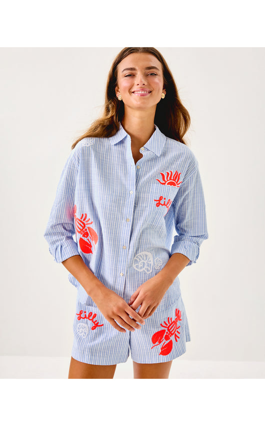Bondi Button Down Shirt - Jacaranda Blue Beach Day Embroidered Seacret Stripe