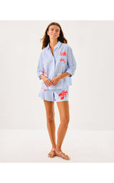 Bondi Button Down Shirt - Jacaranda Blue Beach Day Embroidered Seacret Stripe