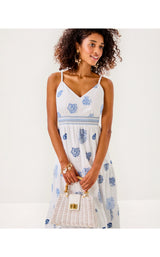 Zanna Embroidered Cotton. Midi Dress - Resort White Castaway Embroidery