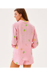 Sea View Button Down - Conch Shell Pink Happy Hour Embroidery