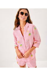 Sea View Button Down - Conch Shell Pink Happy Hour Embroidery
