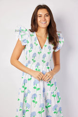 Hydrangea Block Print V-Neck Smocked Midi Dress