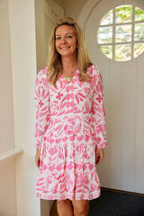 Blush Geo Floral Long Sleeve V-Neck Flare Dress