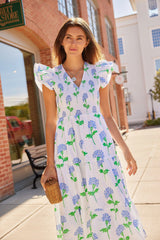 Hydrangea Block Print V-Neck Smocked Midi Dress
