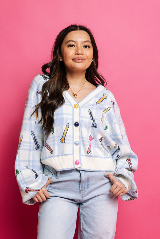 Blue & White Plaid Golf Tee Button Up Cardigan