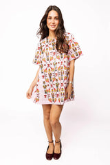 Light Pink Cotton Nutcracker & Candy Cane Short Sleeve Dress