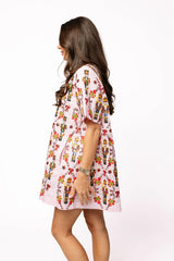 Light Pink Cotton Nutcracker & Candy Cane Short Sleeve Dress