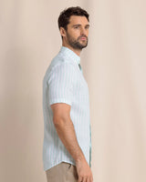 Crepe Myrtle Striped Linen Short Sleeve Sport Shirt - Jade Green