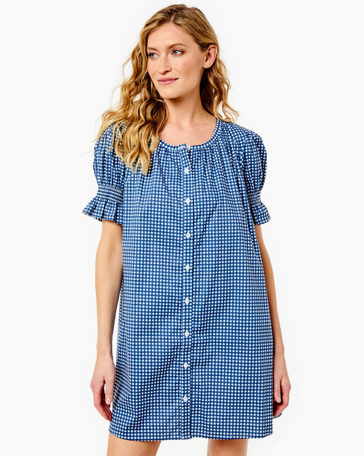 Cotton Poplin Short Sleeve Sailor Dress - Navy Gingham