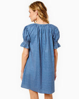 Cotton Poplin Short Sleeve Sailor Dress - Navy Gingham