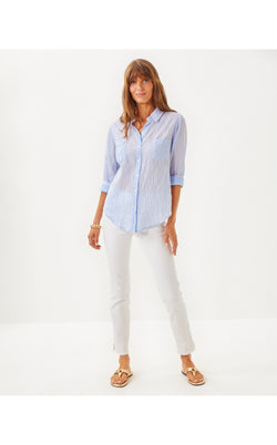 Sea View Button Down Top - Jacaranda Blue Lightweight Oxford Stripe