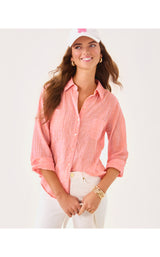Sea View Button Down Shirt - Papaya X Conch Shell Pink Lightweight Oxford Shirting Stripe