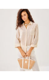 Sea View Button Down Top - Wicker Tan Lightweight Oxford Stripe