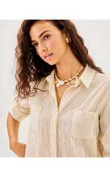Sea View Button Down Top - Wicker Tan Lightweight Oxford Stripe