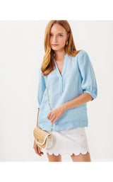 Mialeigh Elbow Sleeve Linen Top - Blue Peri x Resort White