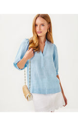 Mialeigh Elbow Sleeve Linen Top - Blue Peri x Resort White