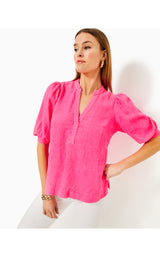 Mialeigh Elbow Sleeve Linen Top - Passion Fruit Pink