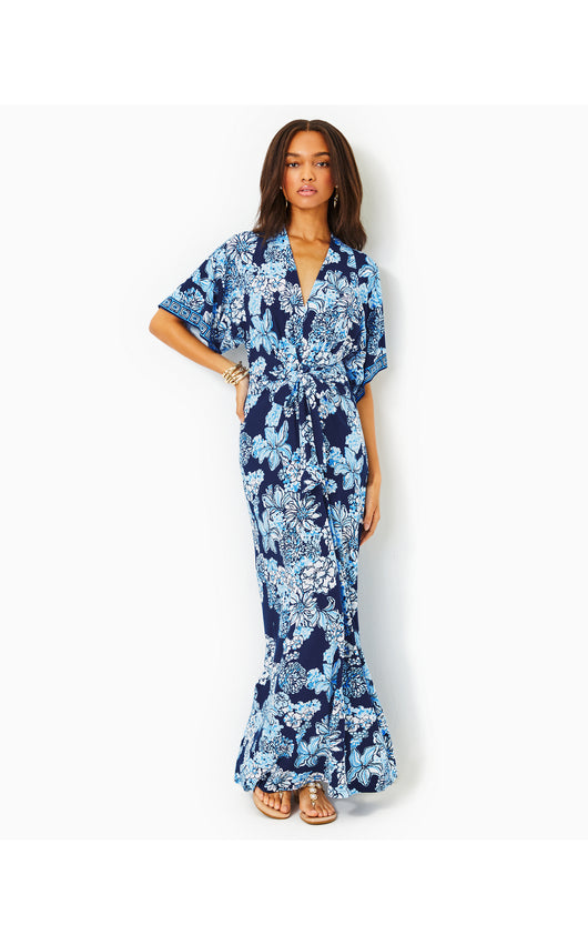 Wisteria Elbow Sleeve V-neck Maxi Dress - Low Tide Navy Bouquet All Day