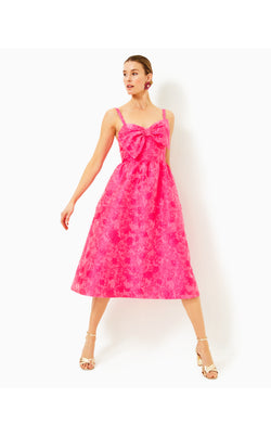 Ellara Jacquard Midi Bow Dress - Passion Fruit Pink Leaf An Impression