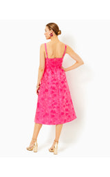 Ellara Jacquard Midi Bow Dress - Passion Fruit Pink Leaf An Impression