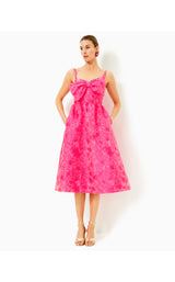 Ellara Jacquard Midi Bow Dress - Passion Fruit Pink Leaf An Impression