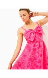 Ellara Jacquard Midi Bow Dress - Passion Fruit Pink Leaf An Impression