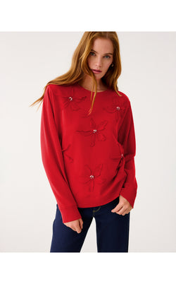 Ballad Cotton Sweatshirt - Cranberry Red Poinsettia Embellishment