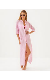 Natalie Maxi Coverup - Conch Shell Pink Lightweight Oxford Stripe