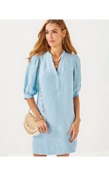 Mialeigh Elbow Sleeve Linen Dress - Blue Peri X Resort White