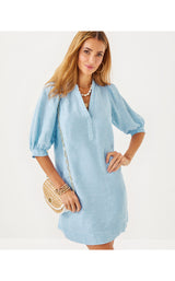 Mialeigh Elbow Sleeve Linen Dress - Blue Peri X Resort White