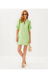 Mialeigh Elbow Sleeve Linen Dress - Jade Lime x Resort White