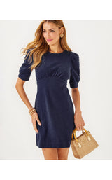 Kiely Dress - True Navy Leafy Knit Pucker jacquard