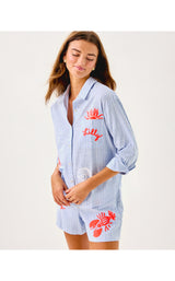 Bondi Button Down Shirt - Jacaranda Blue Beach Day Embroidered Seacret Stripe
