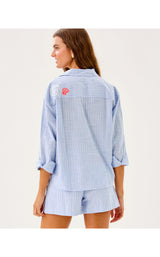 Bondi Button Down Shirt - Jacaranda Blue Beach Day Embroidered Seacret Stripe