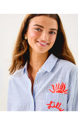 Bondi Button Down Shirt - Jacaranda Blue Beach Day Embroidered Seacret Stripe