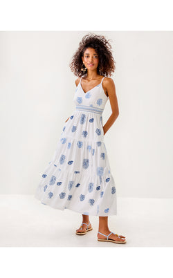 Zanna Embroidered Cotton. Midi Dress - Resort White Castaway Embroidery