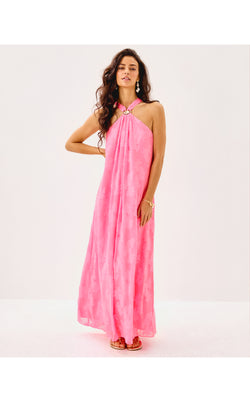 Clairabel Maxi Dress - Rousseau Pink Coral Swirl Poly Crepe