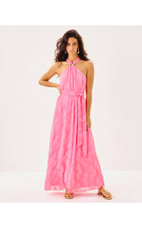 Clairabel Maxi Dress - Rousseau Pink Coral Swirl Poly Crepe