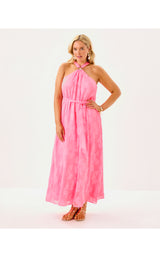 Clairabel Maxi Dress - Rousseau Pink Coral Swirl Poly Crepe