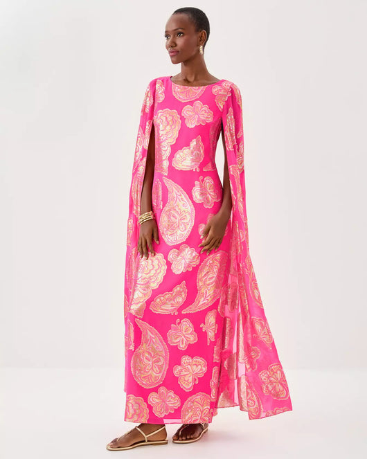 Madelyn Silk Boat Neck Maxi Caftan - Parigi Pink Shes So Fly Metallic Clip