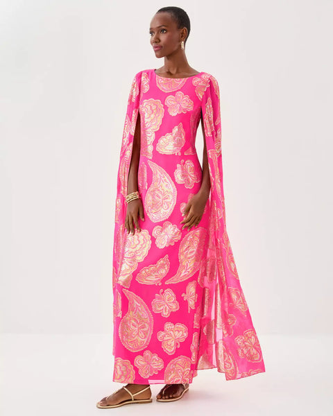 Madelyn Silk Boat Neck Maxi Caftan - Parigi Pink Shes So Fly Metallic Clip